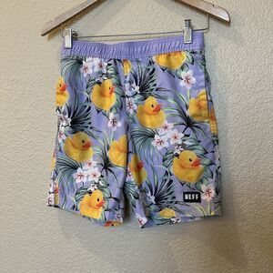 NEFF Ducky Floral Mens Volley Shorts Size Small Swim Trunks Purple Rubber‎ Duck